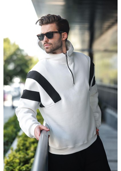 Ekru Fermuarlı Yaka Kapüşonlu Erkek Sweatshirt E7161 fiyatları