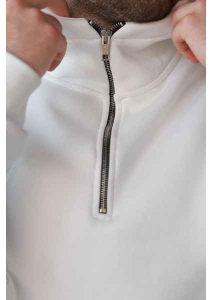 Ekru Fermuarlı Yaka Kapüşonlu Erkek Sweatshirt E7161 modelleri