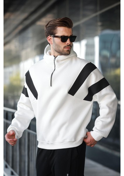 Ekru Fermuarlı Yaka Kapüşonlu Erkek Sweatshirt E7161 fırsatları