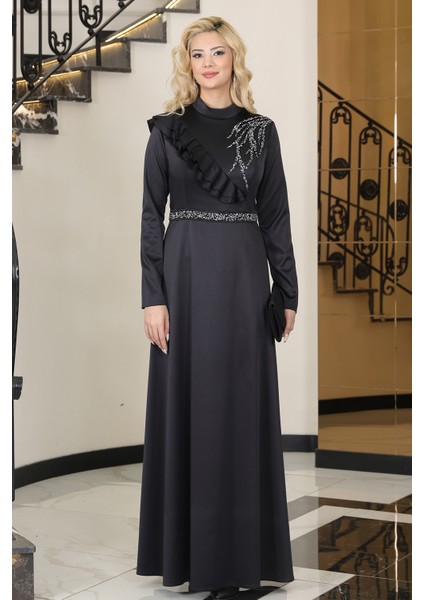 Omuz Taş Baskı Şık Saten Ada Büyük Beden Tesettür Abiye