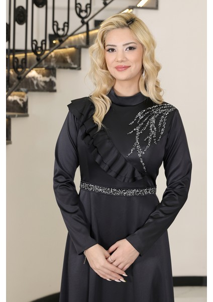 Omuz Taş Baskı Şık Saten Ada Büyük Beden Tesettür Abiye fiyatları