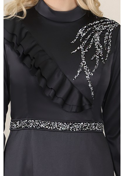 Omuz Taş Baskı Şık Saten Ada Büyük Beden Tesettür Abiye modelleri