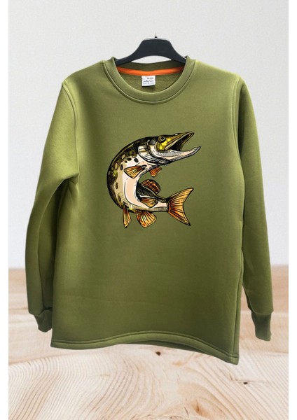 Fishing Balıkçılık Balık Baskılı Regular Fit %100 Pamuk Regular Fit Bisiklet Yaka Sweatshirt