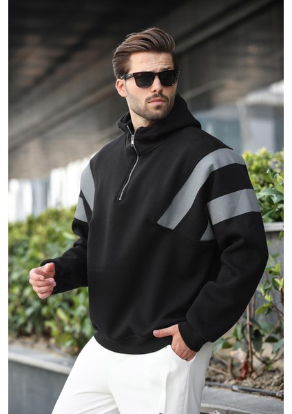 Siyah Fermuarlı Yaka Kapüşonlu Erkek Sweatshirt E7161 fiyatları