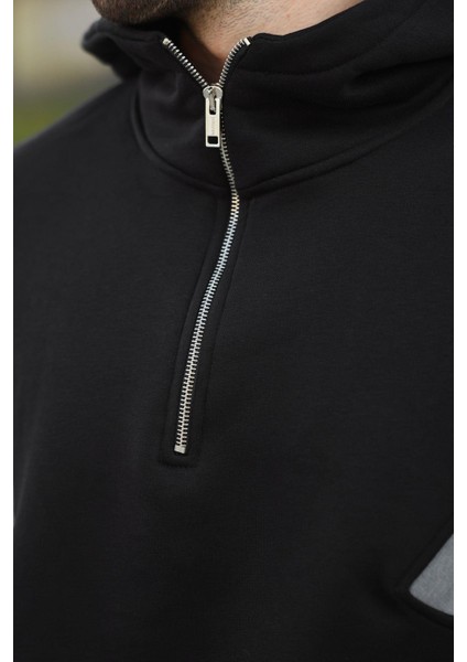 Siyah Fermuarlı Yaka Kapüşonlu Erkek Sweatshirt E7161 modelleri