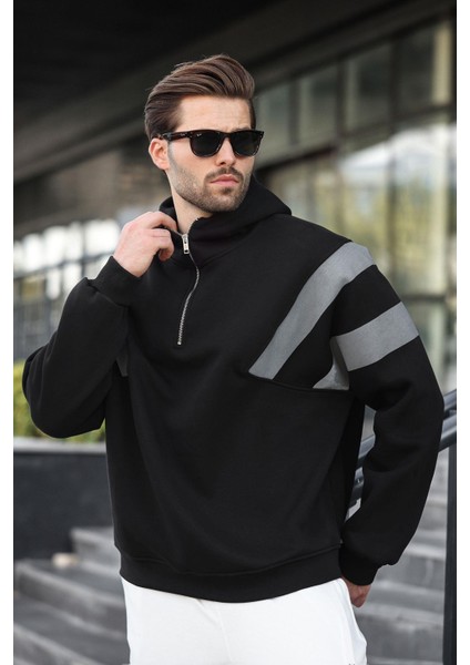 Siyah Fermuarlı Yaka Kapüşonlu Erkek Sweatshirt E7161 fırsatları