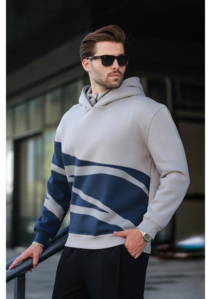 Boyalı Gri Kapüşonlu Fermuar Yaka Desenli Erkek Sweatshirt E7162
