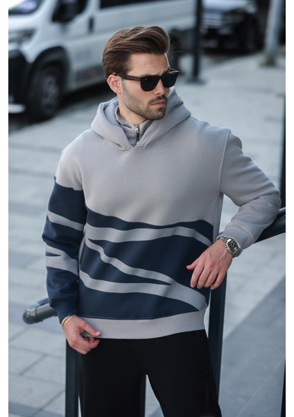 Boyalı Gri Kapüşonlu Fermuar Yaka Desenli Erkek Sweatshirt E7162 fiyatları
