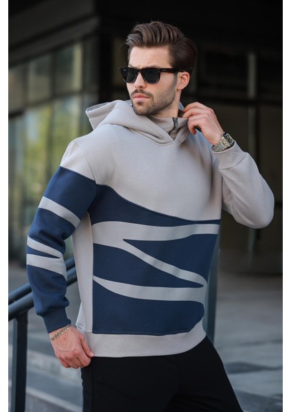 Boyalı Gri Kapüşonlu Fermuar Yaka Desenli Erkek Sweatshirt E7162 modelleri