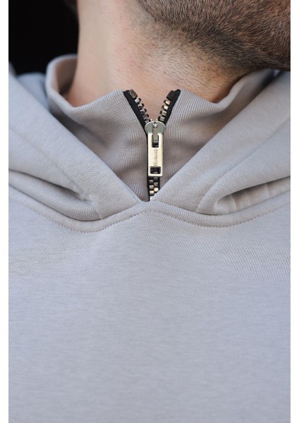 Boyalı Gri Kapüşonlu Fermuar Yaka Desenli Erkek Sweatshirt E7162 fırsatları
