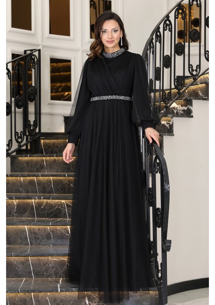 Senna Taş Detaylı Büyük Beden Şık Tesettür Abiye