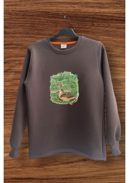 Avcılık Hunter Çulluk Kuşu Baskılı Vahşi Yaşam %100 Pamuk Bisiklet Yaka Sweatshirt