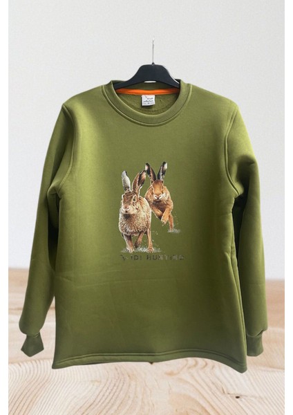 Hunter Avcılık Tavşan Avı Baskılı Regular Fit %100 Pamuk Regular Fit Bisiklet Yaka Sweatshirt
