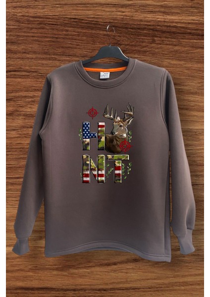 Avcılık Hunting Kamuflaj Renkte Hunt Yazısı Nişan ve Geyik Baskılı Bisiklet Yaka Sweatshirt