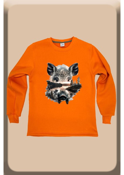 Avcılık Hunting Vahşi Yaşam Domuz Baskılı Pamuklu Regular Fit Bisiklet Yaka Turuncu Sweatshirt