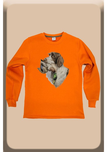 Hunter Avcılık Av Köpeği ve Çulluk Baskılı Regular Fit %100 Pamuk Bisiklet Yaka Turuncu Sweatshirt