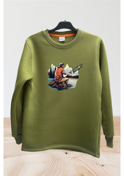 Fishing Balıkçılık Baskılı Olta ile Alabalık Avı Regular Fit %100 Pamuk Sweatshirt