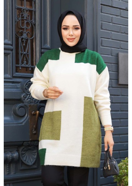 Blok Renkli Yeşil Tesettür Triko Kazak Tunik 88101Y fiyatları