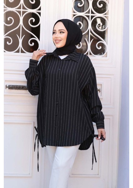 Çizgili Siyah Tesettür Gömlek 10553S modelleri