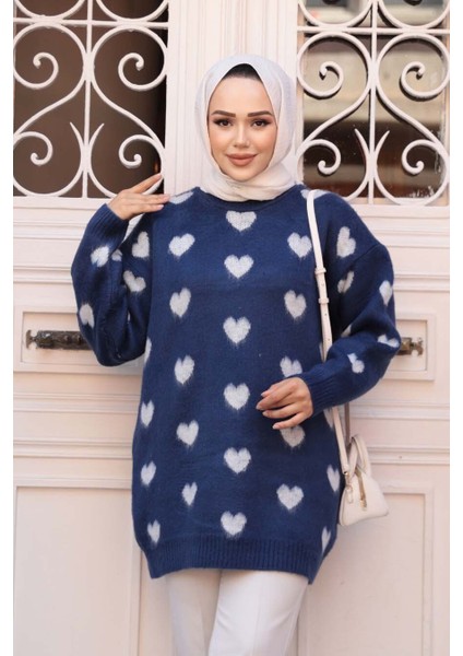 Kalp Desenli Lacivert Tesettür Triko Kazak Tunik 8688L