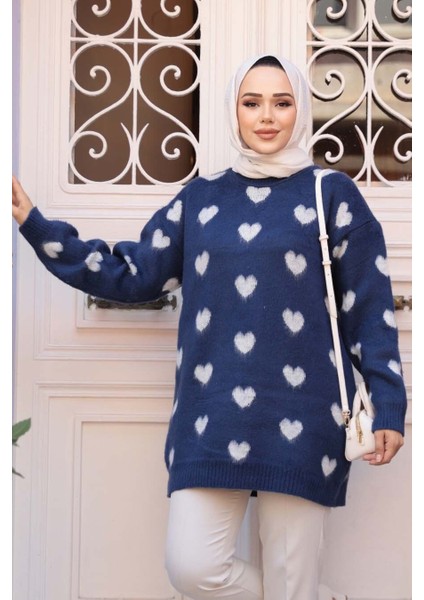 Kalp Desenli Lacivert Tesettür Triko Kazak Tunik 8688L fiyatları