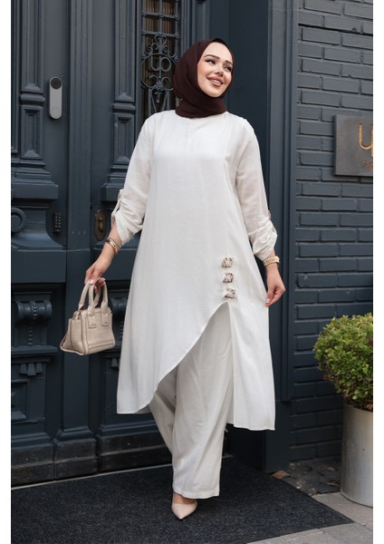 Asimetrik Detaylı Ekru Tesettür Ikili Takım 7656E