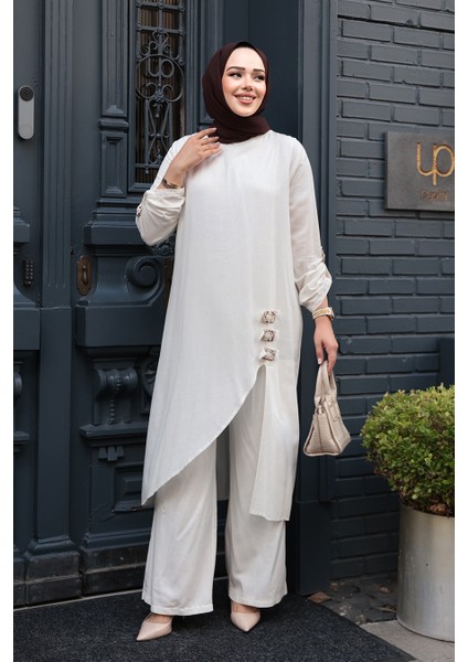 Asimetrik Detaylı Ekru Tesettür Ikili Takım 7656E fiyatları