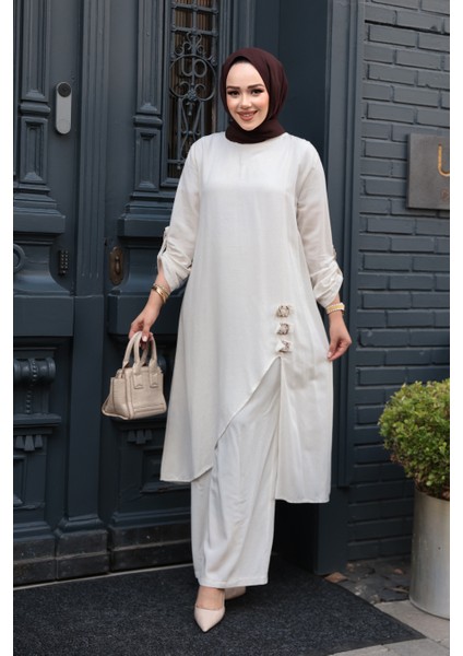 Asimetrik Detaylı Ekru Tesettür Ikili Takım 7656E modelleri