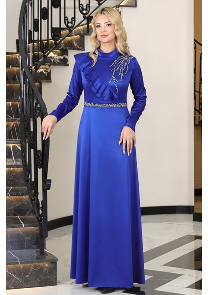 Omuz Taş Baskı Şık Saten Ada Büyük Beden Tesettür Abiye