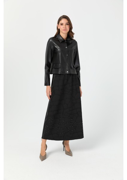 Jakar Etekli Taş Işlemeli Deri Ceketli Takım Siyah
