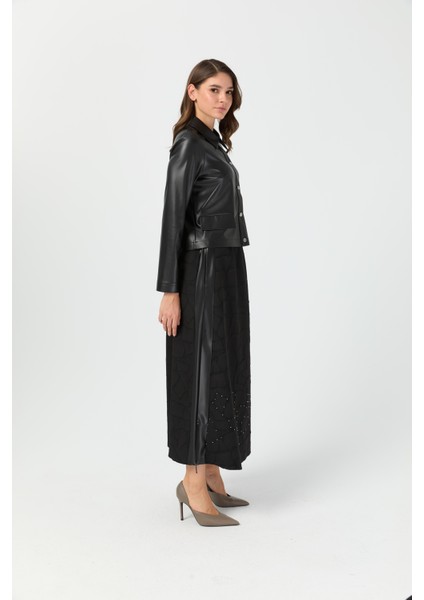 Jakar Etekli Taş Işlemeli Deri Ceketli Takım Siyah fırsatları