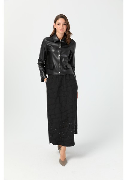 Jakar Etekli Taş Işlemeli Deri Ceketli Takım Siyah indirimleri