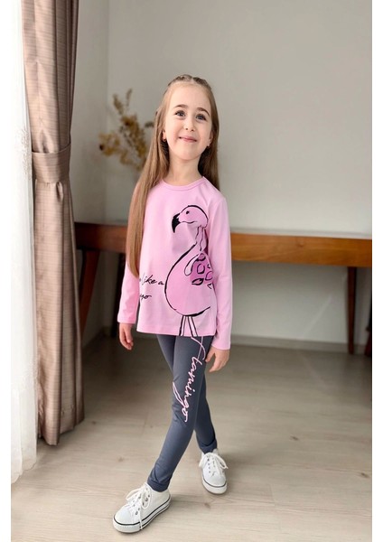 Flamingo Desenli Pembe Renk Kız Çocuk Mevsimlik Taytlı Takım