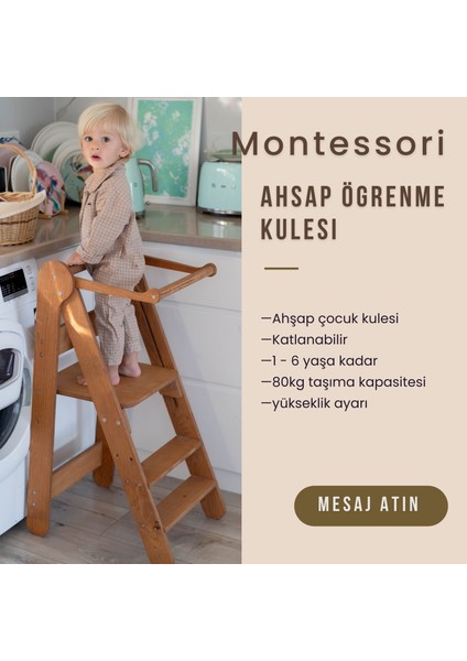 Öğrenme Kulesi, Bebek Merdiven, Katlanabilir Ahşap, Guvenlik Perdesi Dahil