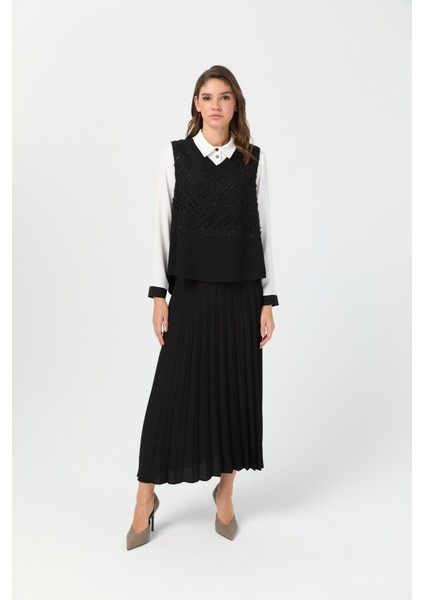 Tunik Süeter Piliseli Etekli Takım Siyah