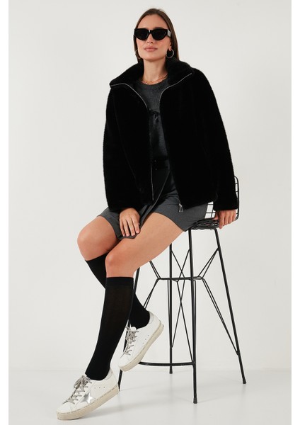 Oversize Fit Dik Yaka Fermuarlı Kürk Bayan Kürk 497ZETA fiyatları