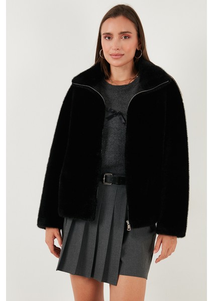 Oversize Fit Dik Yaka Fermuarlı Kürk Bayan Kürk 497ZETA fırsatları