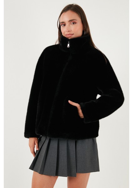 Oversize Fit Dik Yaka Fermuarlı Kürk Bayan Kürk 497ZETA indirimleri