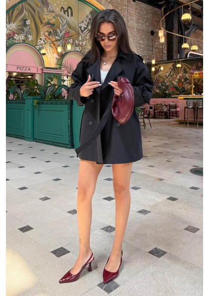 Siyah Düğmeli Kruvaze Yaka Kısa Kadın Trençkot MG2509 indirimleri