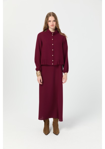 Büzgü Detaylı Elbiseli Takım Bordo