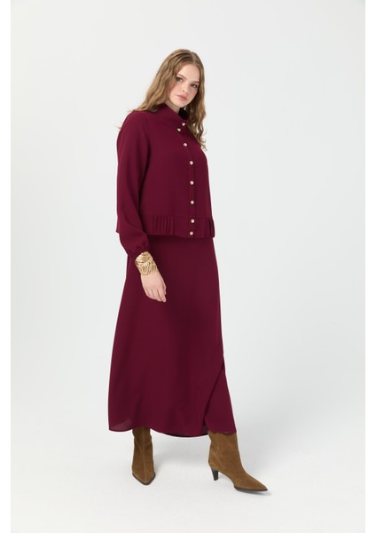 Büzgü Detaylı Elbiseli Takım Bordo modelleri