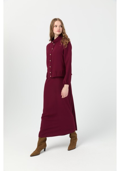 Büzgü Detaylı Elbiseli Takım Bordo indirimleri