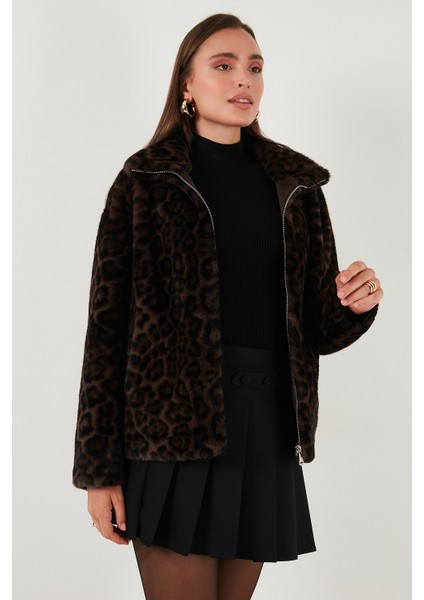 Oversize Fit Dik Yaka Fermuarlı Kürk Bayan Kürk 497ZETA modelleri