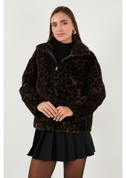 Oversize Fit Dik Yaka Fermuarlı Kürk Bayan Kürk 497ZETA fırsatları