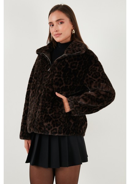 Oversize Fit Dik Yaka Fermuarlı Kürk Bayan Kürk 497ZETA indirimleri