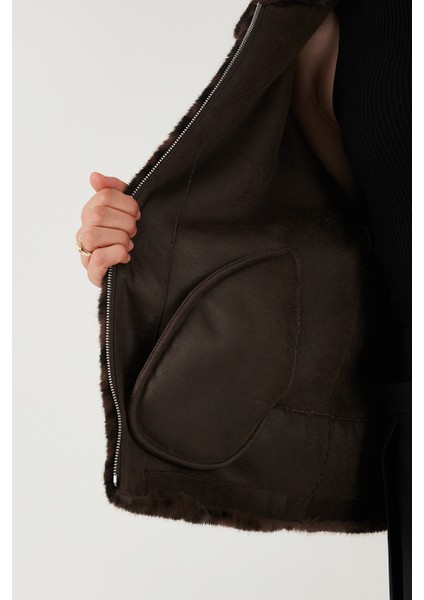 Oversize Fit Dik Yaka Fermuarlı Kürk Bayan Kürk 497ZETA