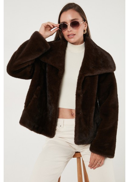Oversize Fit Geniş Yaka Astarlı Kürk Bayan Kürk 497AFRA