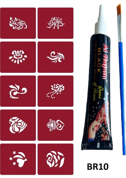 Minimal Geçici Dövme Yapma Seti 10 Desen 1 Tüp Siyah Kına BR010 modelleri