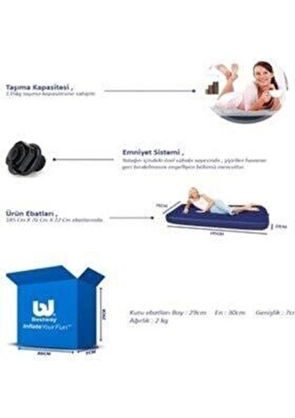 67000 Tek Kişilik Hafif ve Taşınabilir Şişme Yatak 185x76x22 cm Açık Alan Kullanımı için