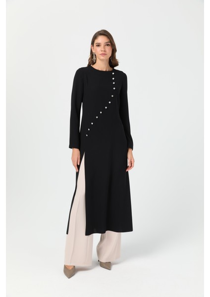 Oval Kapmalı Yırtmaçlı Pantolonlu Takım Taş